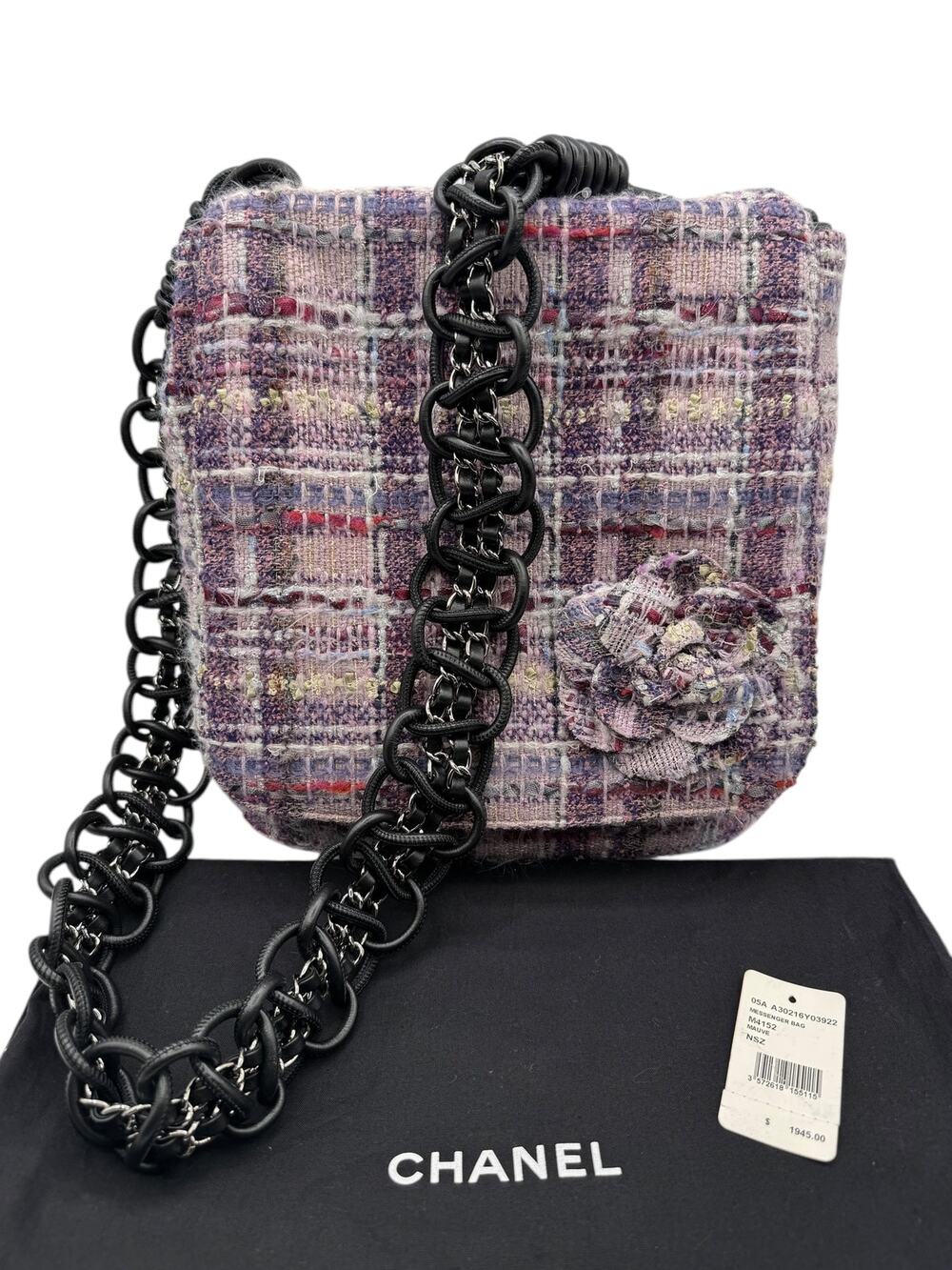 Chanel Lavender Tweed Camellia Large Flap Messenger Bag